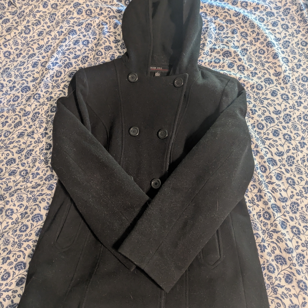 Elegant Black Double-Breasted Jason Kole Wool Pea Coat with Hood